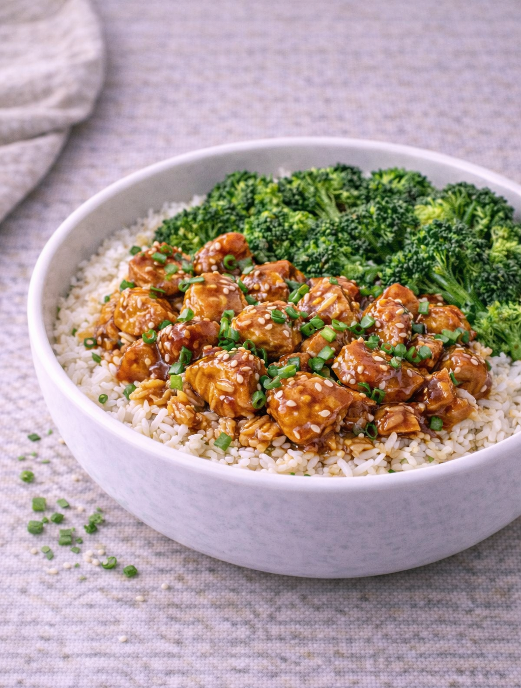 Bowl of honey garlic chicken over white rice with steamed broccoli, sesame seeds and chopped chives on top.