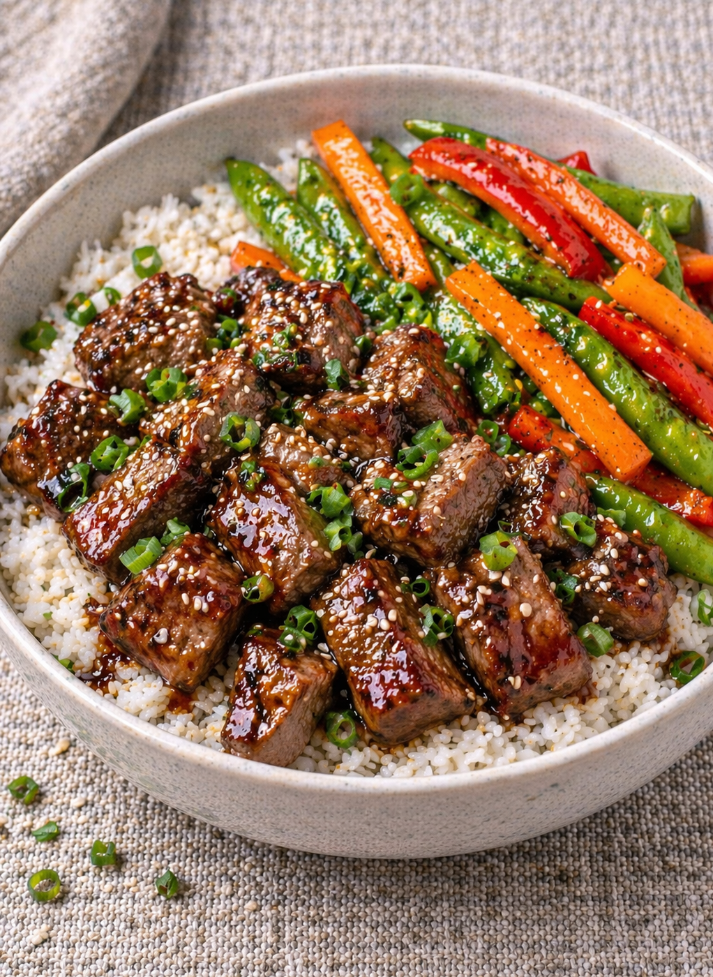 Teriyaki beef cubes over white rice with carrots, snap peas, sesame seeds, and green onions garnish in a bowl.