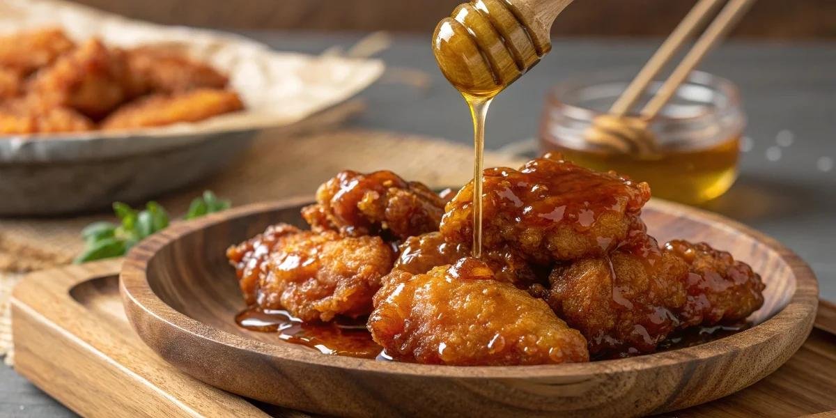 Golden fried chicken bites on a wooden plate, dripping with a glossy honey glaze.