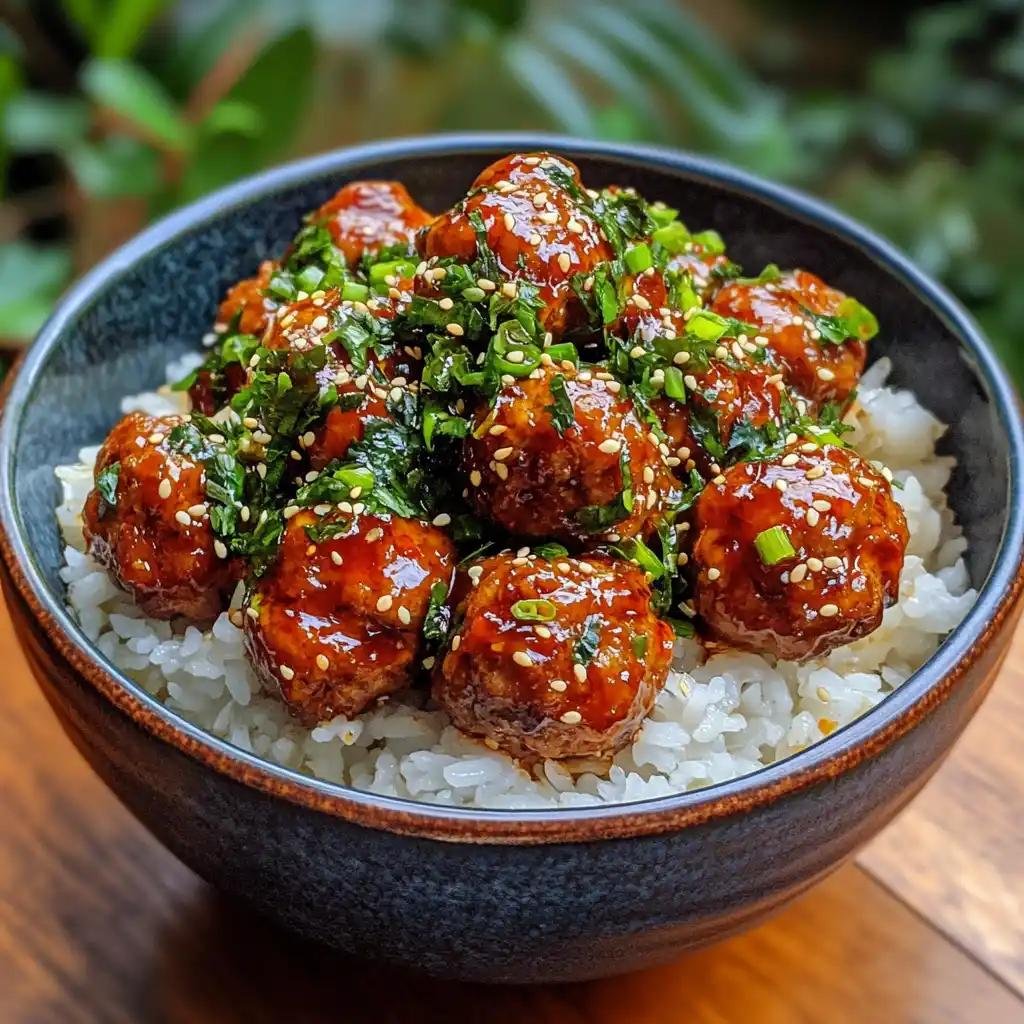 Bowl of white rice topped with glossy glazed meatballs, sprinkled with sesame seeds and chopped greens.