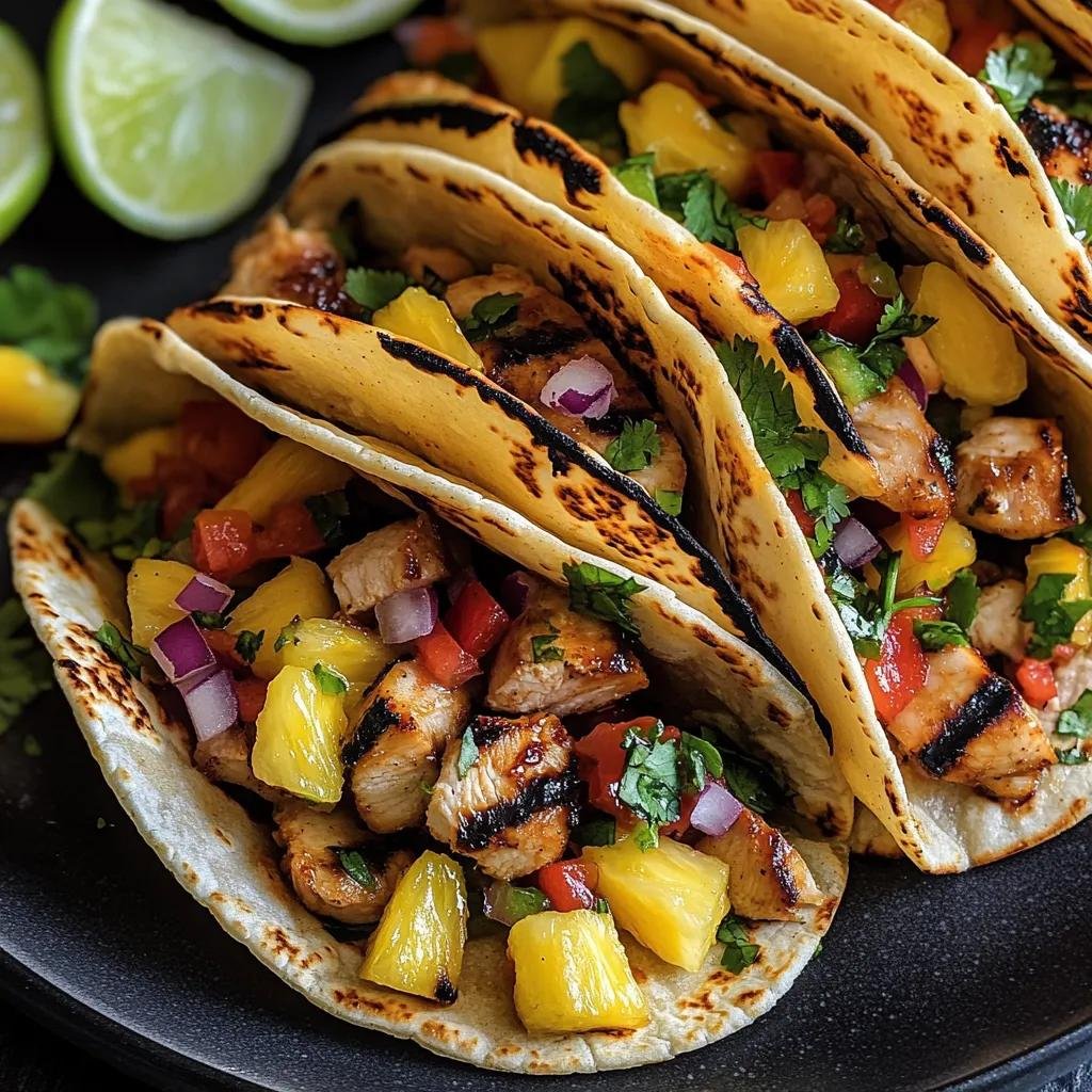 Tacos filled with grilled chicken, pineapple, red onion, bell peppers, and cilantro on warm flour tortillas.