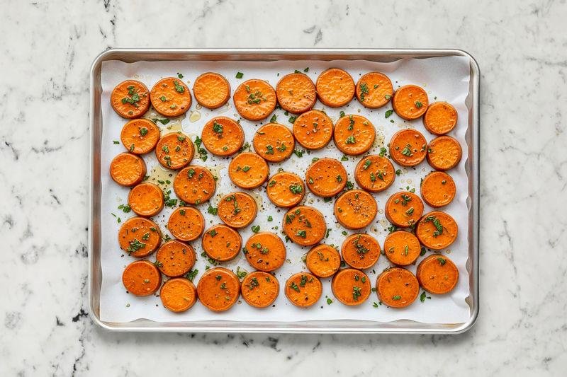 Roasted orange sweet potato slices arranged in rows on a parchment-lined baking sheet, lightly garnished with herbs.