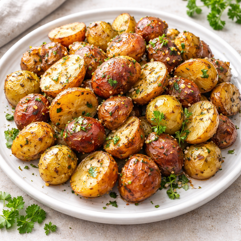 Plate of roasted baby potatoes (golden and purple) sprinkled with parsley and sesame seeds on a white dish.