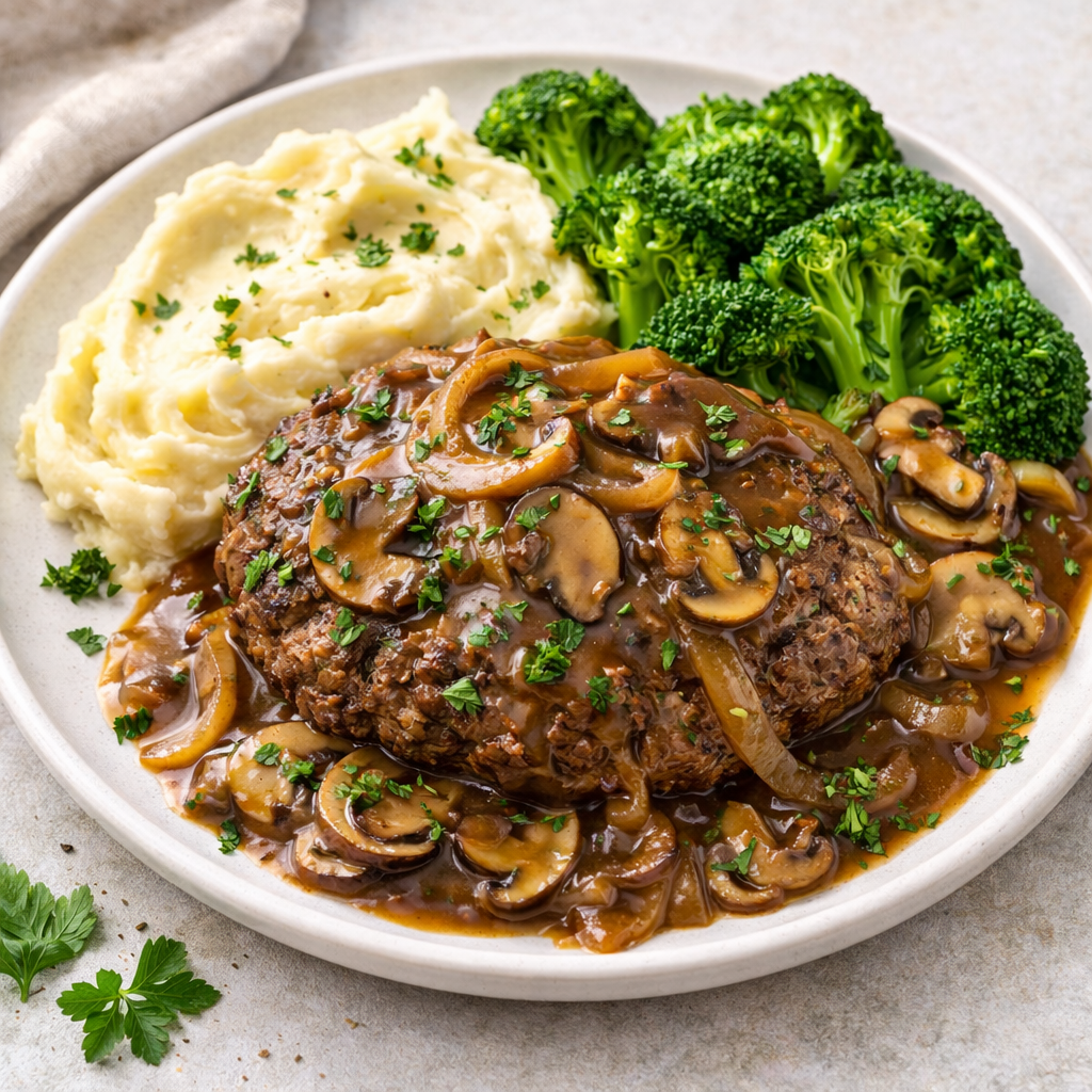 Beef hamburger steak in mushroom gravy with mashed potatoes and steamed broccoli on a plate, a complete dinner.