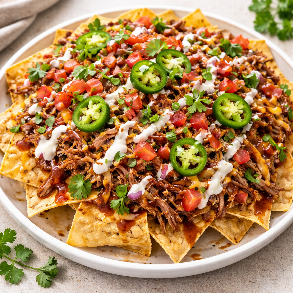 Plate of loaded beef nachos with shredded meat, pico de gallo, cilantro, jalapeño slices, and drizzled sauces on crispy tortilla chips