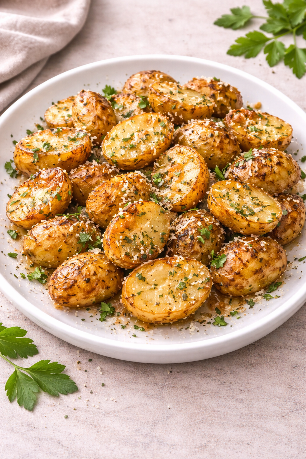 Roasted halved potatoes in a white bowl, sprinkled with chopped parsley and grated cheese.