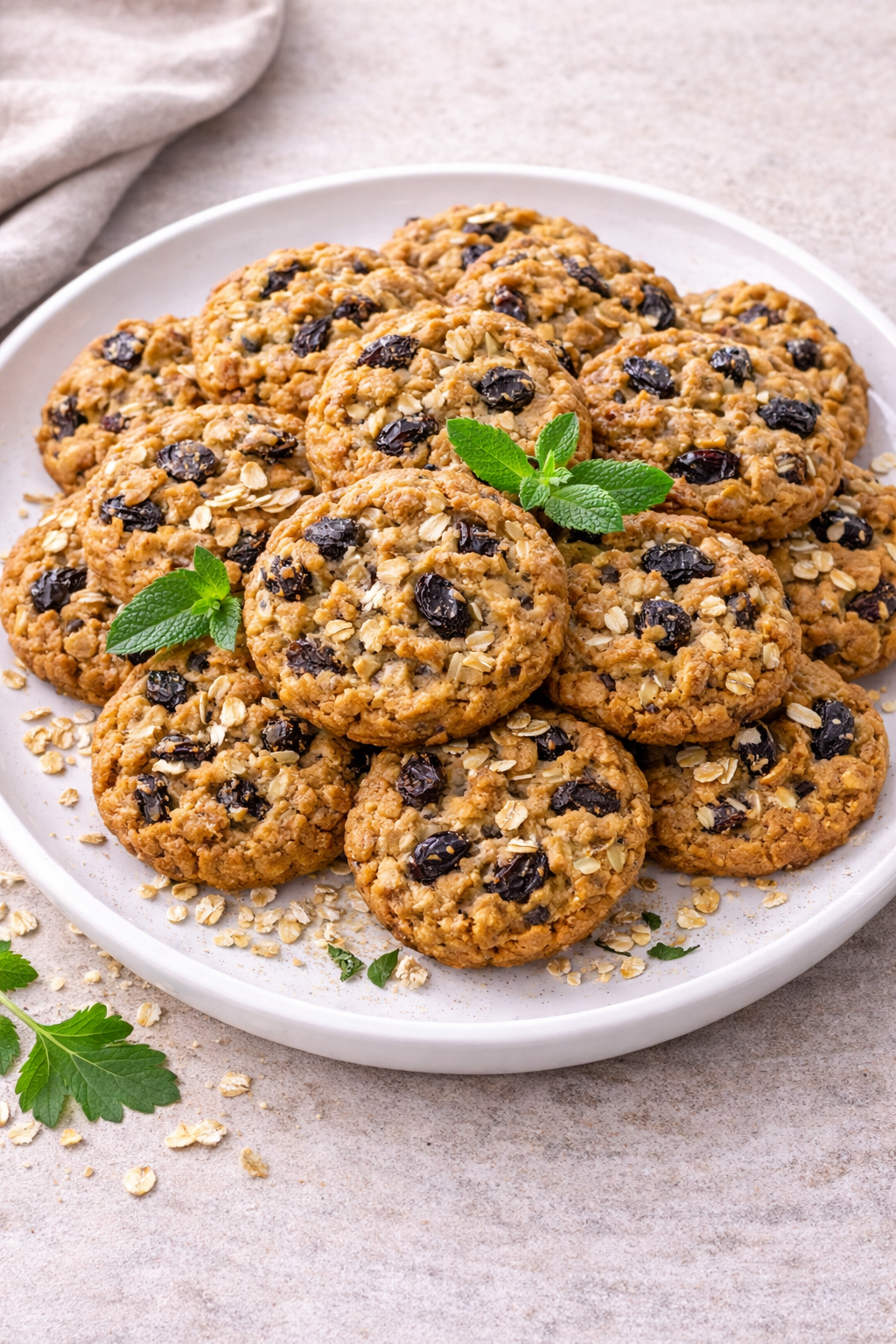 Plate of oatmeal raisin cookies with visible oats and dried fruit, garnished with fresh mint leaves on a light background