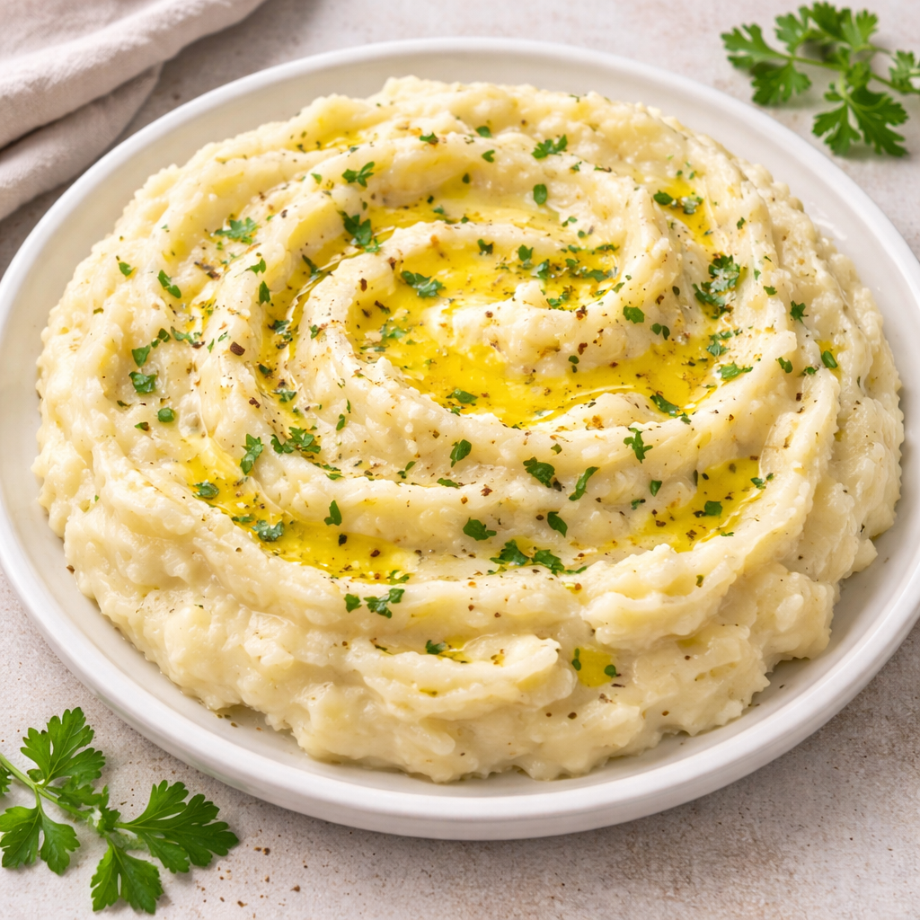 Creamy mashed potatoes swirled in a white bowl, drizzled with olive oil and sprinkled with chopped parsley