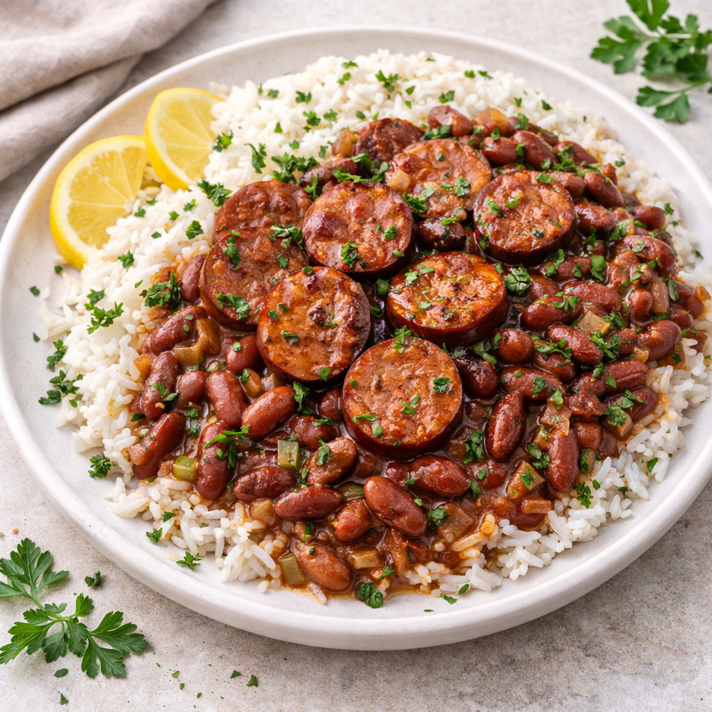 Plate of white rice topped with sliced sausage and red beans in a tomato sauce, garnished with parsley and lemon wedges on the side