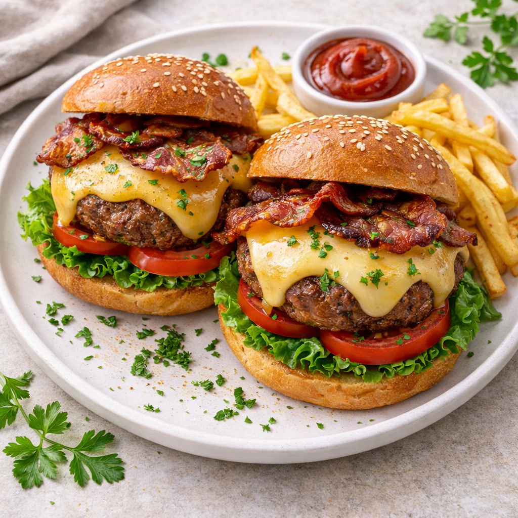 Two bacon cheeseburgers with melted gouda lettuce, and tomato on sesame buns, served with fries and ketchup on a plate.