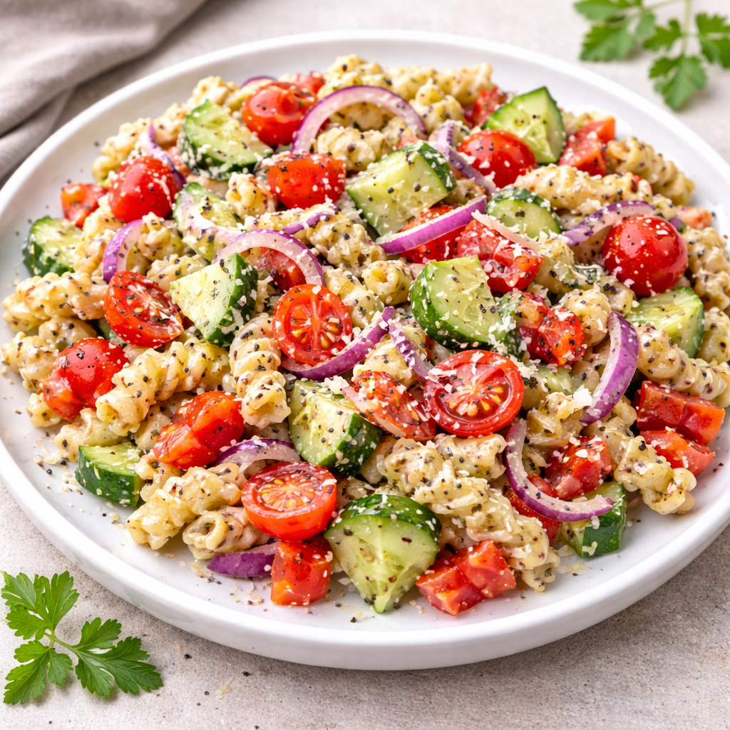 Bowl of Mediterranean pasta salad with fusilli, cherry tomatoes, cucumber, red onion and feta.