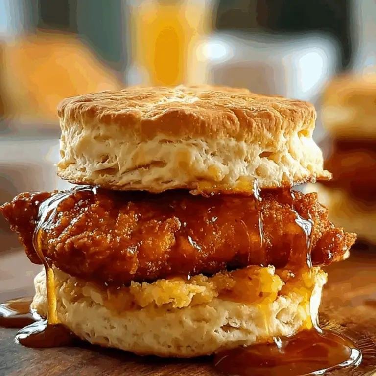 Fried chicken sandwich with two flaky biscuits and a glossy sauce on a wooden surface.